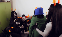 lapirin:  Sometimes, we gather in a small studio, paint ourselves grey and reenact scenes from Disney movies. I don’t know how the rest of you spend your Sundays. Nepeta // Equius // Terezi // Karkat // Vriska // Tavros // Sollux // Aradia // Gamzee