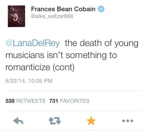 led-leviathan:  preteenager:  Kurt Cobain’s daughter on Lana romanticizing young death/suicide  Kurt would be so proud holy shit 