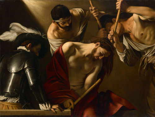 caravaggionist:The Crowning with ThornsCaravaggio1602-1604 or 1607Oil on canvas127 cm × 165.5 cmKuns