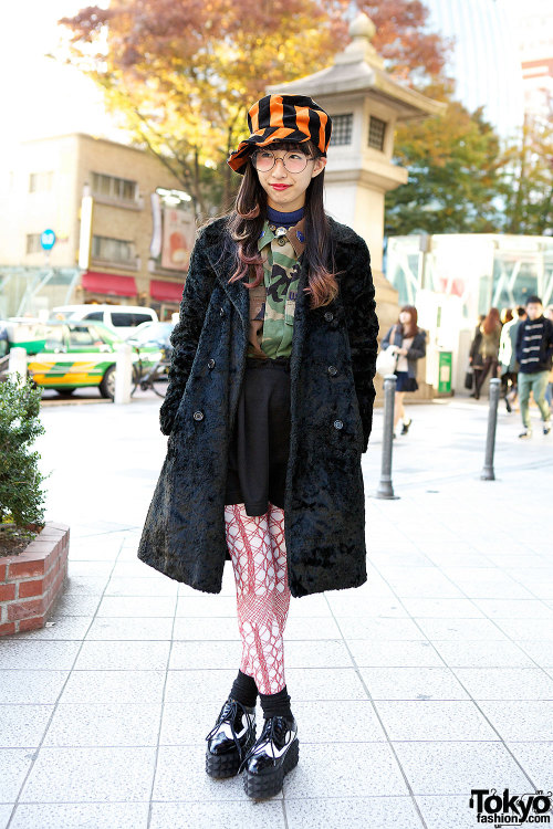 Sachiyon from Rolick Harajuku in striped hat, resale coat, crochet tights &amp; studded JC platf