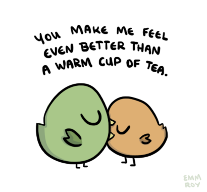 positivedoodles:  [drawing of a green bird and an orange bird together with the caption “You make me feel even better than a warm a cup of tea.”] 