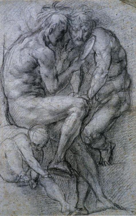 jacopo-pontormo: Two Male Figures Looking in a Mirror and a Putto., 1518, Jacopo PontormoMedium: cha