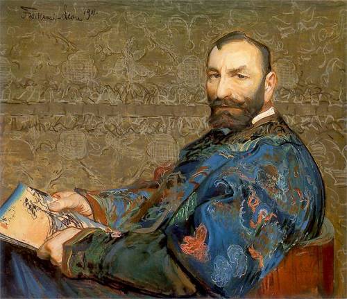 19thcenturyboyfriend:Portrait of Felix Jasieński in Blue Robe (1911), Leon Jan Wyczolkowski