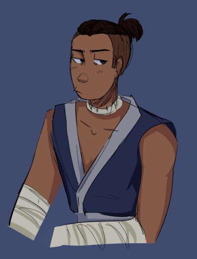 atladescribed:sukifoof-art:i wish we got to see more of him in tlok :(:([Image description: a digital drawing of Sokka from Avatar: The Last Airbender drawn from the waist up. He has light brown skin and dark brown hair that is pulled back into a short