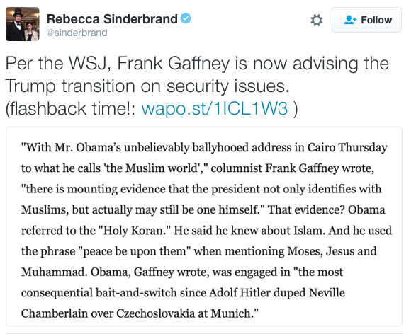 micdotcom:  Donald Trump adds “notorious Islamophobe” Frank Gaffney to his transition