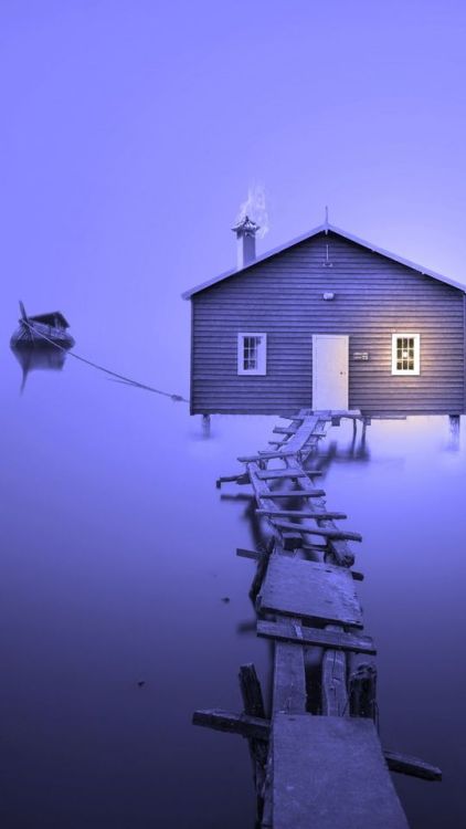 Lake, house, boat, broken birdge, violet, foggy day, minimal, 720x1280 wallpaper @wallpapersmug : ht