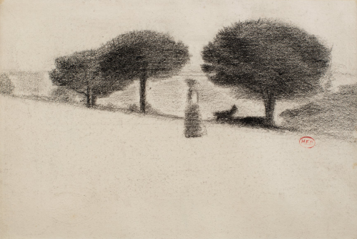 wetreesinart:Henri-Edmond Cross (Fr. 1858-1910), Femme et chien dans un paysage aux pins parasols, f