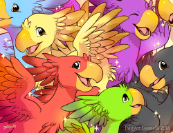 daggerleonelli:  A colorful bunch of chocobos. A print for a con coming up~   BURDS!!!!!!!!!