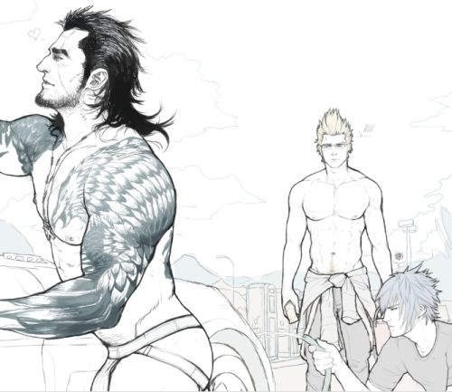 p2ndcumming:  rum-locker: Here’s a lil surprise in progress. Now with Noctis, pondering his life as a background in my art, and Ignis.  Boys   regretting it, but they also need quick cash and want to help Prompto, but still regretting it.  Final update