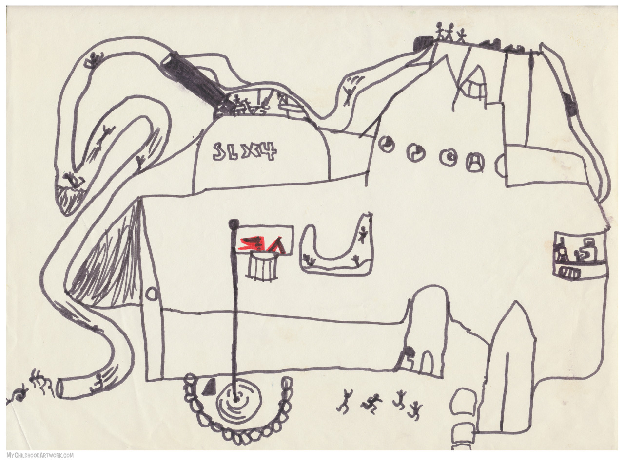 Age 11, 1982
SLX4
The SLX4 is somewhere between a secret hideout, waterpark, campground, and the Yellow Submarine.
You can see a major development in my drawing ability here; the stick figures have knees.