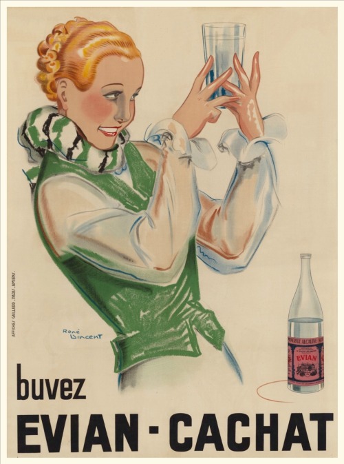Buvez Evian-Cachat.1934.Affiche.Art by René Vincent.(1879-1932).