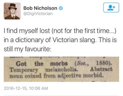 thebibliosphere:  thecuriousviolet:  breelandwalker:   nineprotons: “Got the morbs” should be a thing. Victorian slang is AMAZING, and select phrases really need to make a comeback. “Bitch the pot” - Pour the tea (HOW RELEVANT IS THIS!?) “Bang