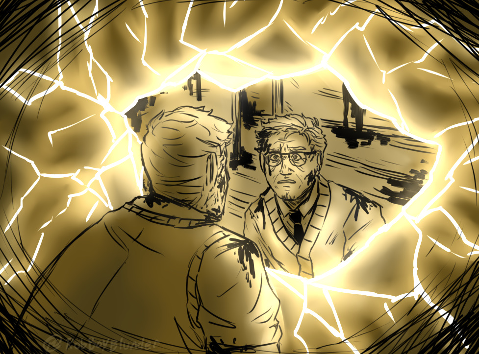 Henry is looking through a hole in the air that looks as if it has broken like a dropped mirror and is glowing brightly. on the other side of the hole is another henry from another AU that is surprised and frightened by being face to face with this henry.