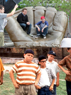 frickyeah1990s:  Its the 20th anniversary of the film “The Sandlot”, so these two bros from the movie decided to reunite on top of a giant baseball mitt and take some photos.  