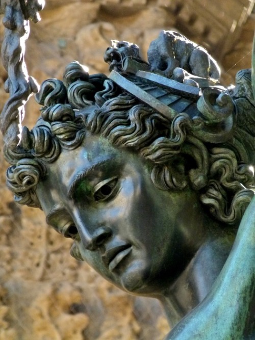 f-l-e-u-r-d-e-l-y-s:  Perseus with the Head of Medusa: Benvenuto Cellini -1554  Sculpture 3.20 m  on a square base with bronze relief panels is located in the Loggia dei Lanzi of the Piazza della Signoria in Florence, Italy. The subject matter of the