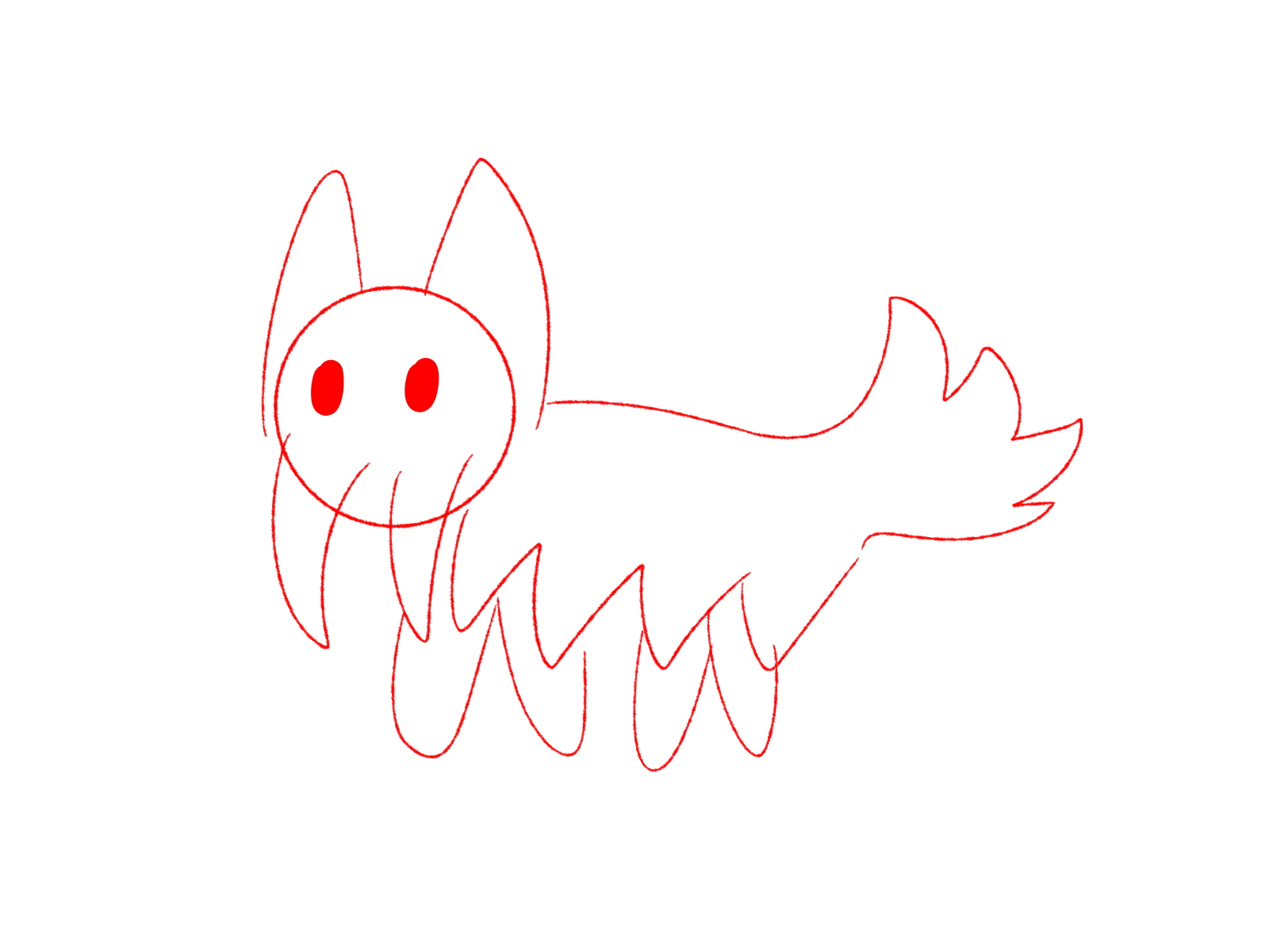 a simple red sketch of a not-cat with anomalocaris features on a white background