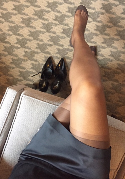 seamsforfun: Chocolate fully fashioned stockings and my satin pencil skirt. Shoes awaiting my person