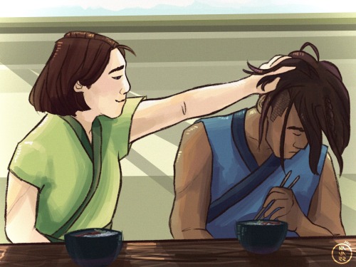 gingersnapped: gingersnapped: dorks in the morning [ID: two digital drawings of Suki and Sokka from Avatar: the Last Airbender. In the first photo, they are shown from the torso up, both sitting behind a wooden table with two bowls of food in front of