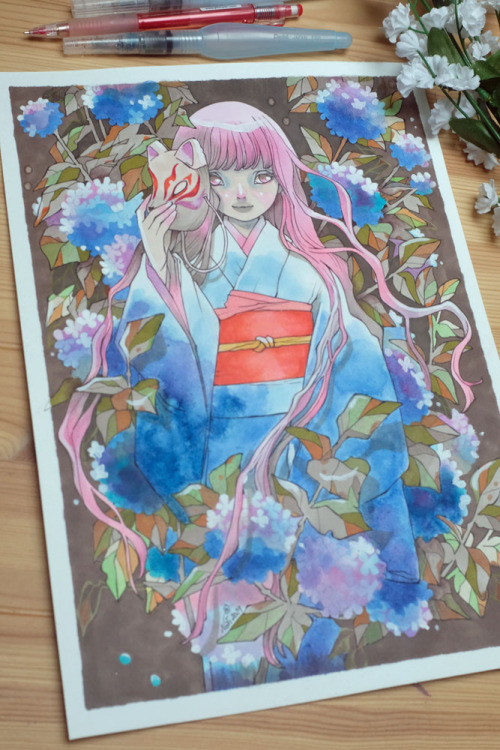 Latest illustrations.Asagao, Summer Flowers, Melusine, Fox Mask.Watercolor, markers, colored pencils