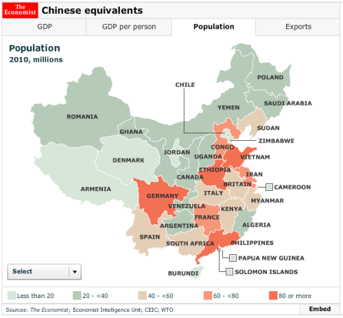 Just how big is China?  In this super-cool-nerdy interactive from The Economist, China’s provi