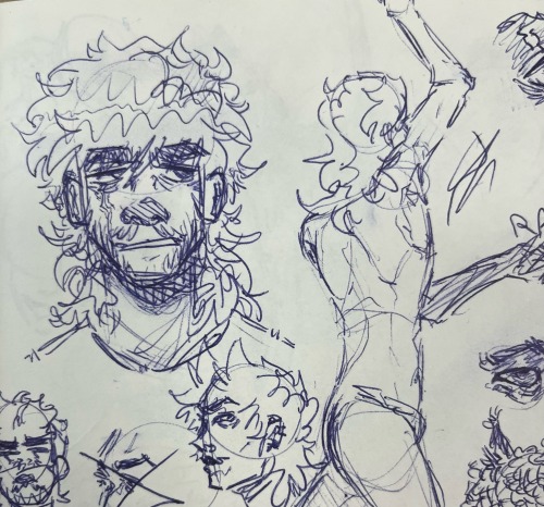 the pen sketch of Paul zoomed out to show a 3/4th angle portrait of Tord, and a messy back anatomy study of Pat