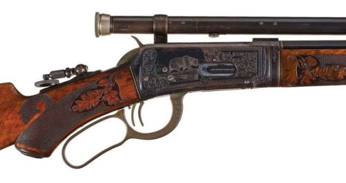 Special order panel scene engraved Winchester Model 1894 with set trigger and Lyman sights.from Rock