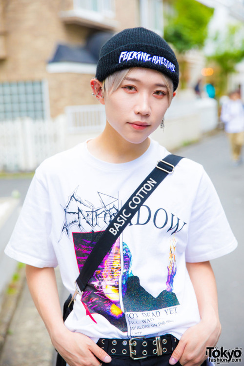 19-year-old Motoshige on the street in Harajuku. He&rsquo;s wearing Japanese and Korean streetwe