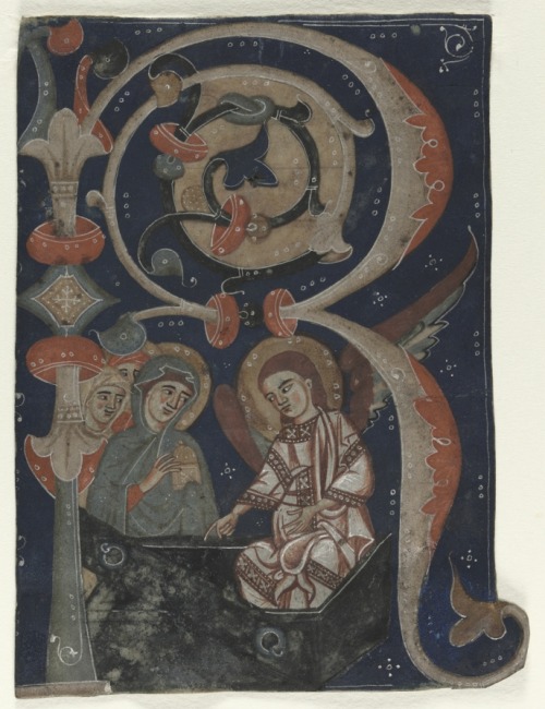 cma-medieval-art: Historiated Initial ® Excised from a Gradual: The Three Marys at the Tomb, c. 1200