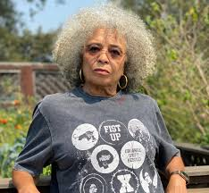 A color photograph of Davis, an older Black women with white hair in a T shirt, staring at the camera.