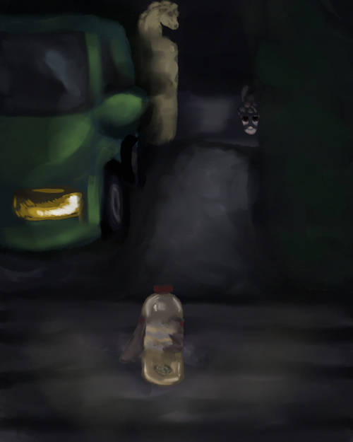 gaeilge: puctúir de buma dranó ar céim os cóir an doras tosigh. tá faolchú bóthar an féacant amach ó tom sa cabhsa.
english: a picture of a drano bomb on someone's front doorstep. a diggerhorn is looking out from a bush at the end of the driveway.