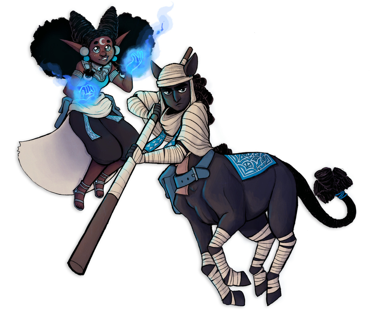 A wild magic sorcerer called Almond and her best friend Neryym, a centaur monk.  Two