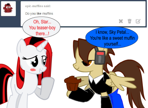 ask-star-singer:  An ask by epic-muffins featuring askskypethepony.Well, I slightly like muffin if it’s chocolate muffin, but I know somepony who’s actually as sweet as one… *Wink*  Sly stallion~ X3