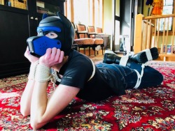 seabondagesadist:After the hogtie expired and I let @pupthraell have his hands the way he was lying on the rug was just too adorable. I was overcome with the need to keep him in that position for just a little bit longer! And of course when I let him