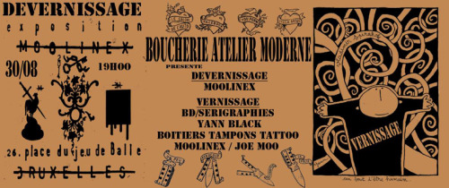 Expo MOOLINEX / YANN BLACK / JOE MOO a la Boucherie moderne
Vernissage, devernissage
originaux / serigraphies Moolinex
originaux / serigraphies Yann Black
coffrets tampons
Joe Moo /...
