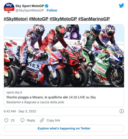 #SkyMotori #MotoGP #SkyMotoGP #SanMarinoGPhttps://t.co/bvnjhAOA20  — Sky Sport MotoGP (@SkySportMotoGP) September 3, 2022