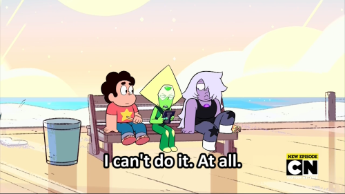 chefpyro:  I like this little moment. Because it shows that Amethyst understands Peridot. She knows at this point that Peridot is simply bitter and irritable in nature, and not to hold it against her. She asks a question, Peridot responds with a bitter