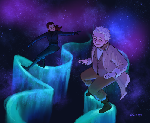 Digital illustration of Crowley and Aziraphale seemingly sliding on the northern lights. They are posing as if they are surfing on waves. Aziraphale is laughing while Crowley's expression is focused. The background is a starry night with purple and blue hues.