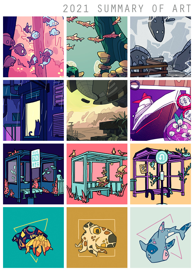 a 4 by 3 grid of square images titled "2021 summary of art". the first row has three cropped illustrations of fish. the second row has a cat in a window, a scifi landscape, and a boat poster. the third has three bus stops generated from the same picrew. the fourth has simple illustrations of a hermit crab, a bobtail squid, and a whale shark.