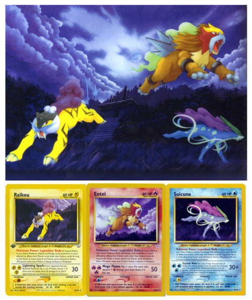theladysilvermoon: Suicune, Entei and Raikou cards from The Pokemen TCG Neo Revelation Series 2001, 