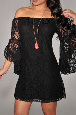 stylelist-tidebuy:  Black Lace Boat Neckline Off-Shoulder Short Day Dress