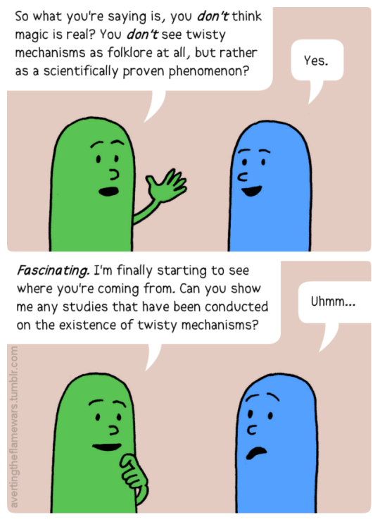 Image: Green person: So what you’re saying is, you don’t think magic is real? You don’t see twisty mechanisms as folklore at all, but rather as a scientifically proven phenomenon? Blue person: Yes. Green person: Fascinating. I’m finally starting to see where you’re coming from. Can you show me any studies that have been conducted on the existence of twisty mechanisms? Blue person: Uhmm…