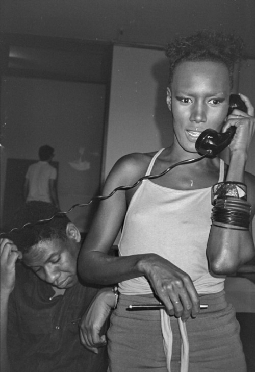 twixnmix:Grace Jones with Keith Haring and André Leon Talley during a photo shoot at Andy Warhol’s s