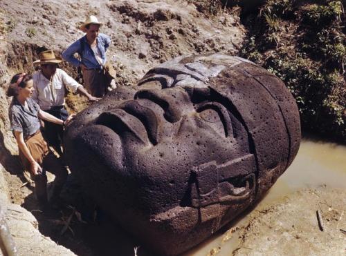 monolithzine:A photograph of archaeologists studying an Olmec stone head in Mexico taken from a 1947