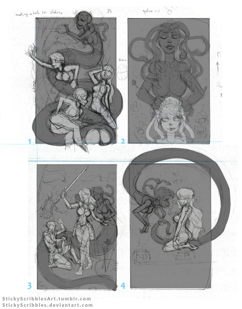   Gorgon Cuddle Concepts   Here is sneak pick of some rough sketches. It’s where the magic starts from concepts to full vivid paintings. As you can see different guest or opponents in stages of either ecstasy or fright. Normally I don’t show
