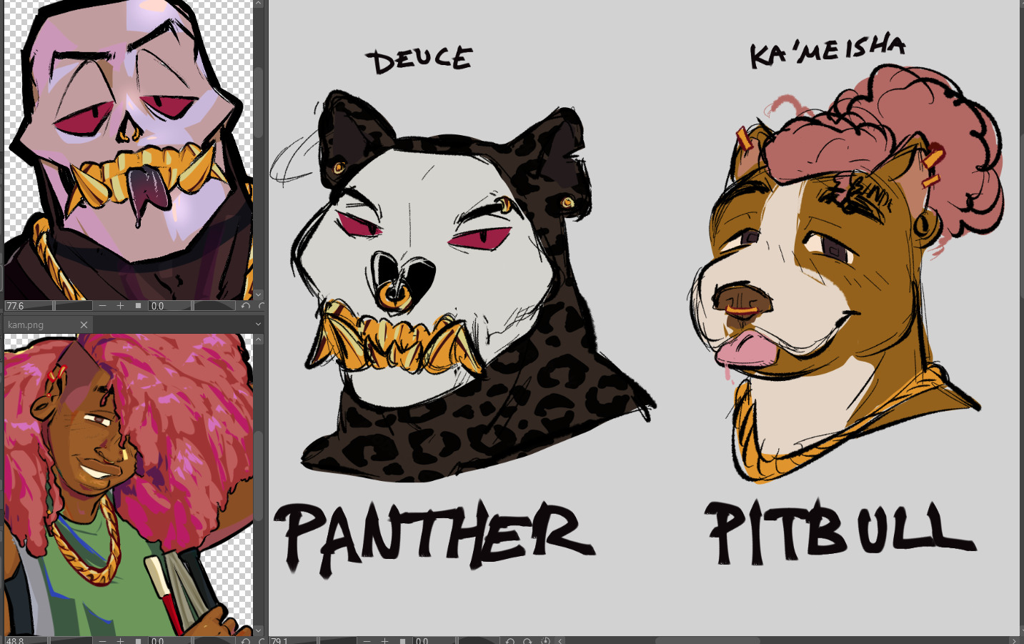 art of deuce and ka'meisha as furries. deuce is a panther, ka'meisha is a brown pitbull.