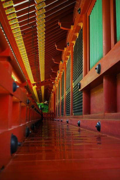 thekimonogallery - Red corridor at Tsuruoka Hachiman-gu shrine,...