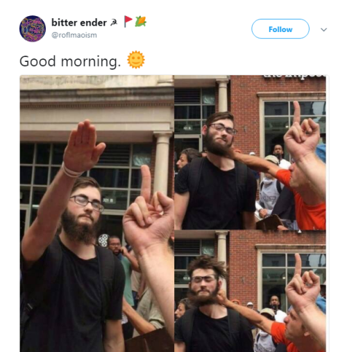 numberonesonginheaven:A Charlottesville nazi getting flipped off and punched, reblog to bless ur das