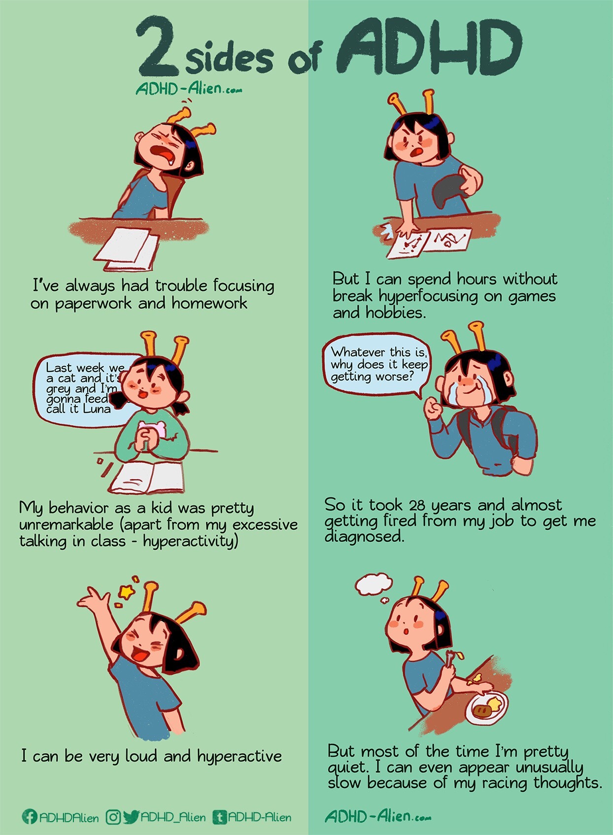 adhd-alien:ADHD behavior can be full of contradictions. I often see people give reasons as to why someone else can’t have it and almost every time that reason either doesn’t contradict ADHD, or can be even more of a sign for it.