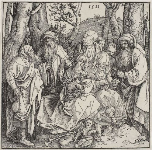 artist-durer:The Holy Kinship and Two Musical Angels, 1511, Albrecht Durer