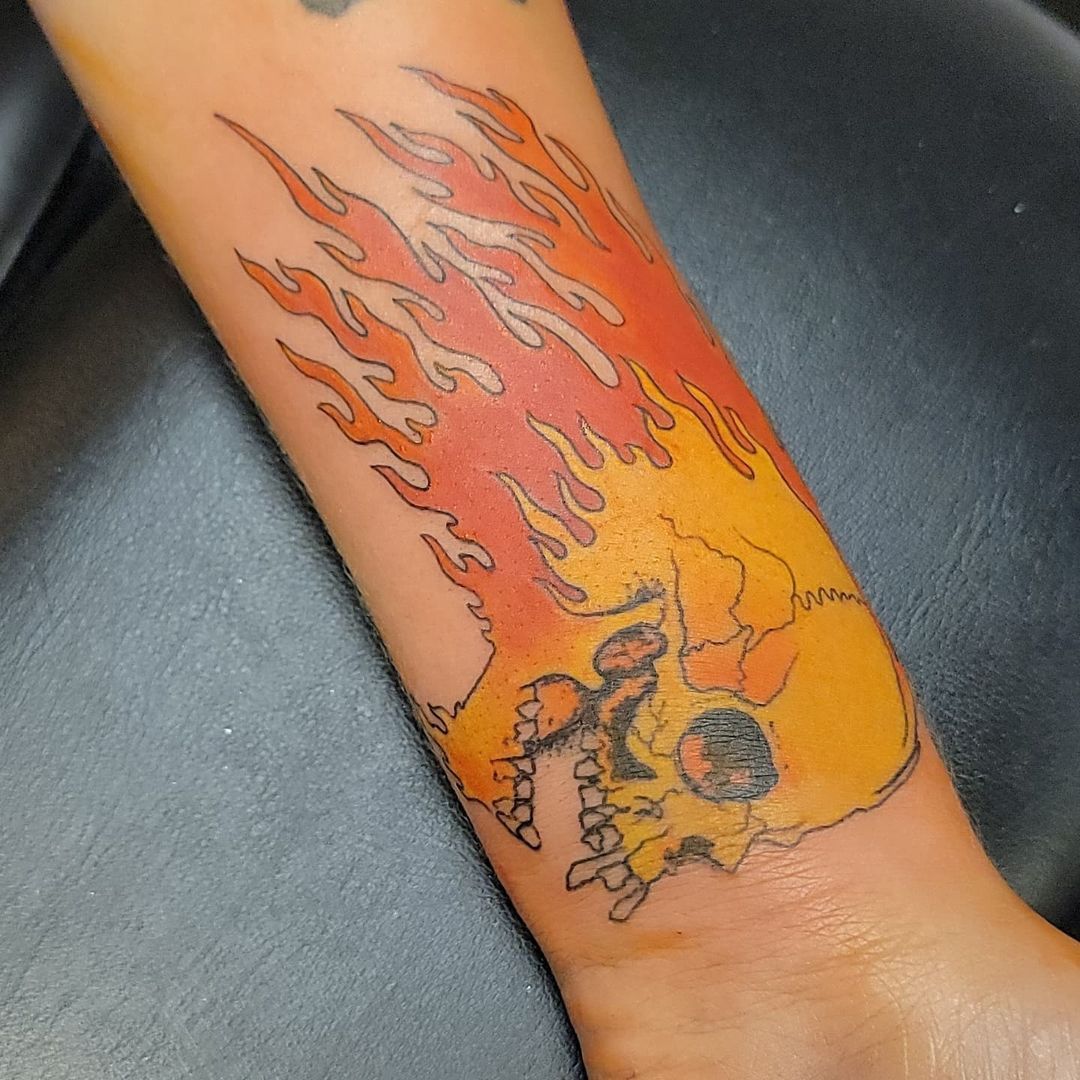 Traditional American Flaming Skull Biker Bars Tattoo – Joe Haasch Tattoo